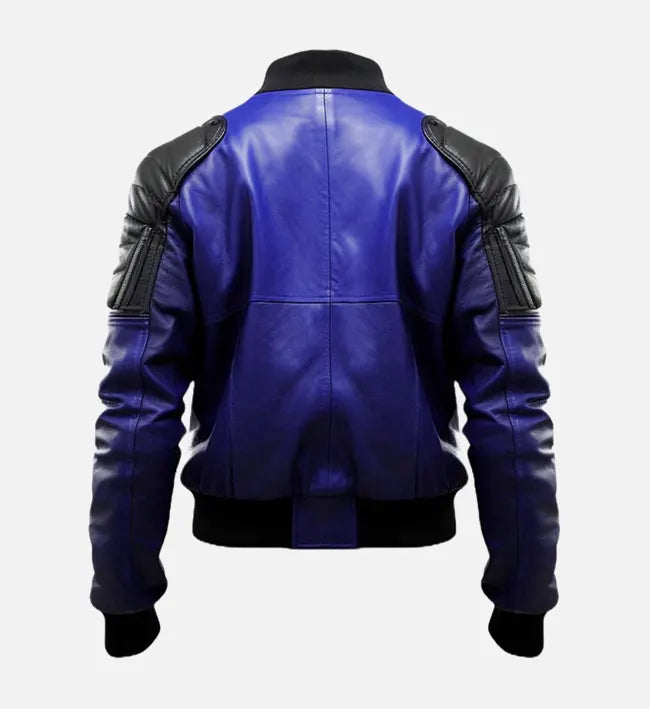 Leathees Mens Blue and Black Leather Bomber Jacket