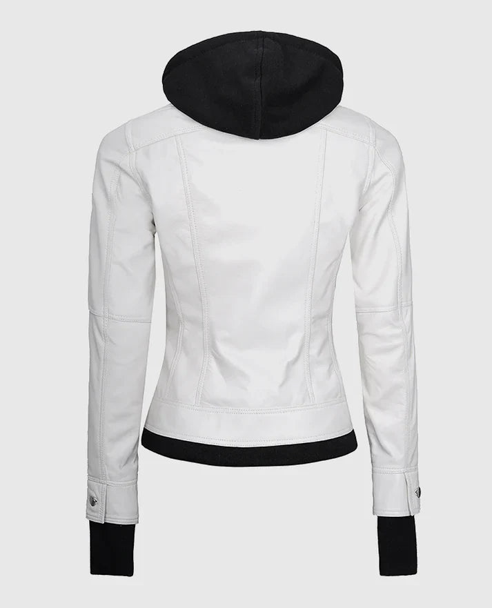 Leathees Women White Leather Jacket with Removable Hood