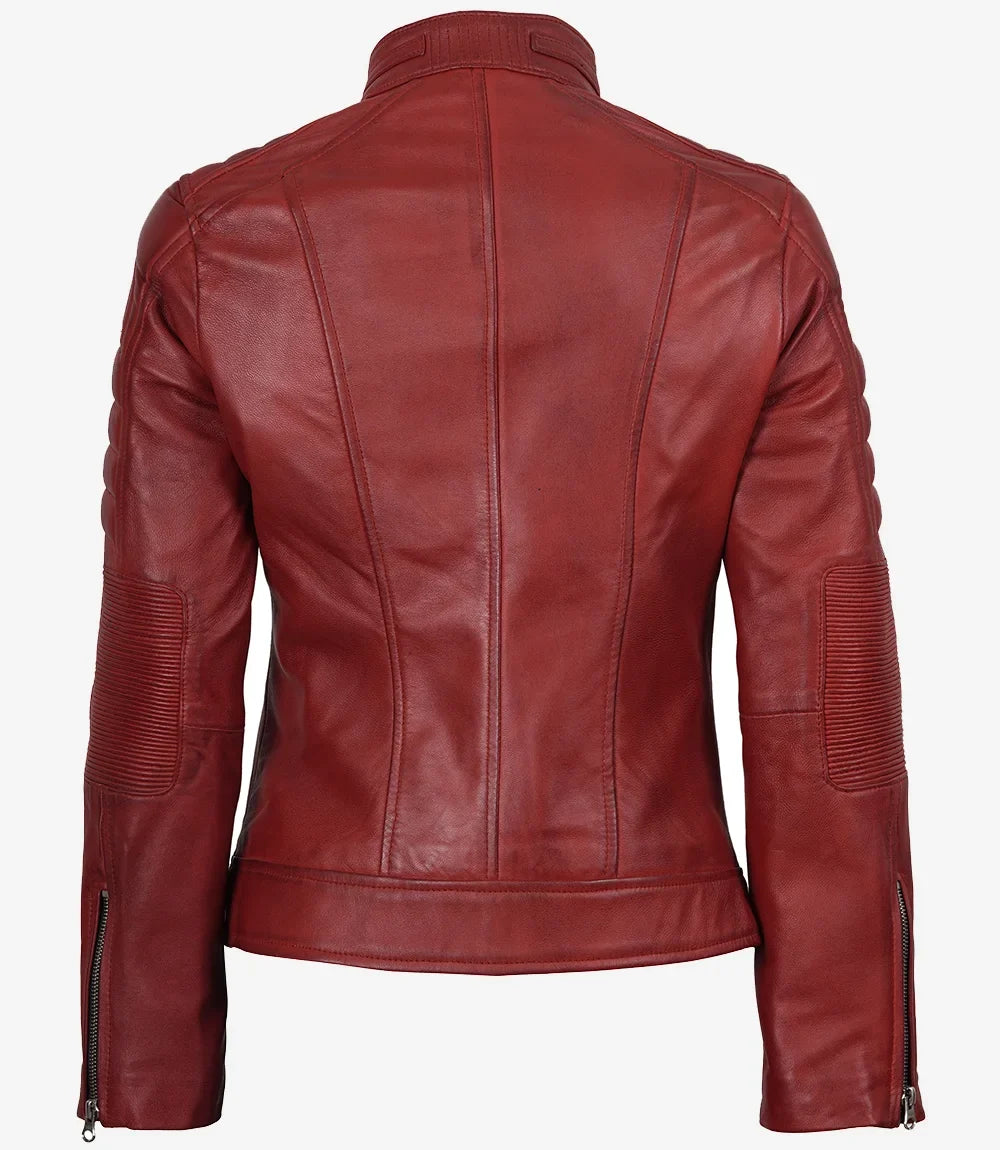 Leathees Red Waxed Real Leather Biker Jacket for Women
