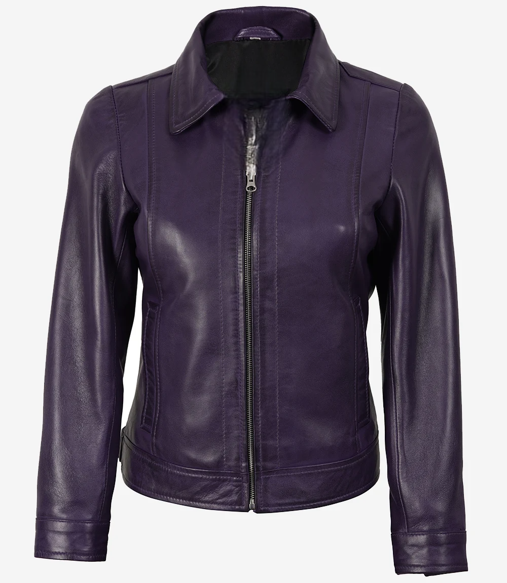 Leathees Purple Shirt Collar Leather Jacket for Women