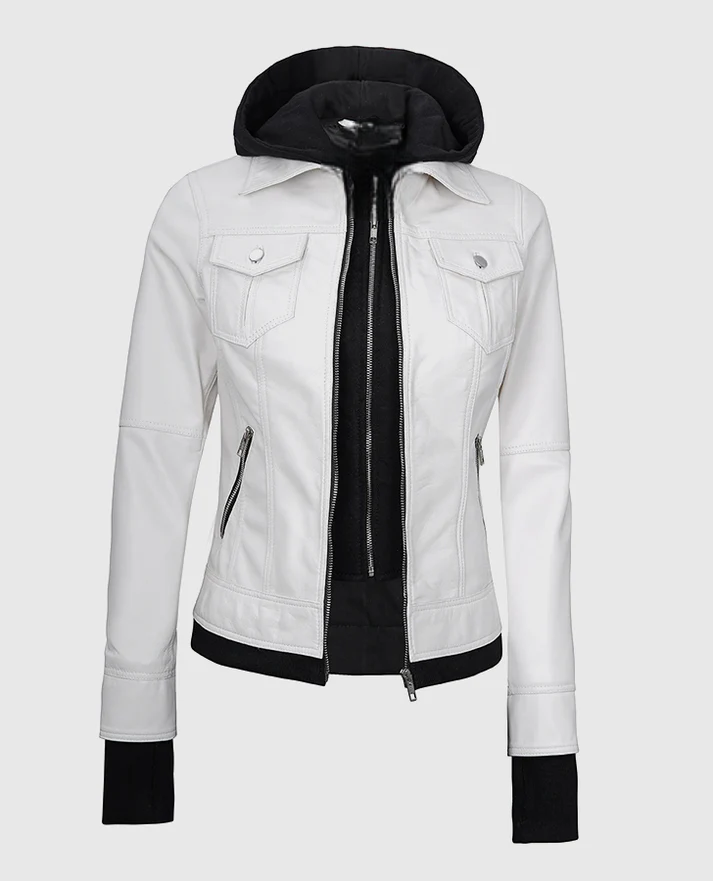 Leathees Women White Leather Jacket with Removable Hood