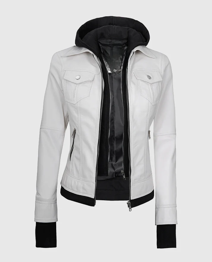 Leathees Women White Leather Jacket with Removable Hood