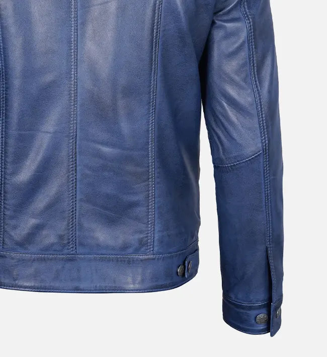 Leathees Mens Blue Leather Trucker Jacket