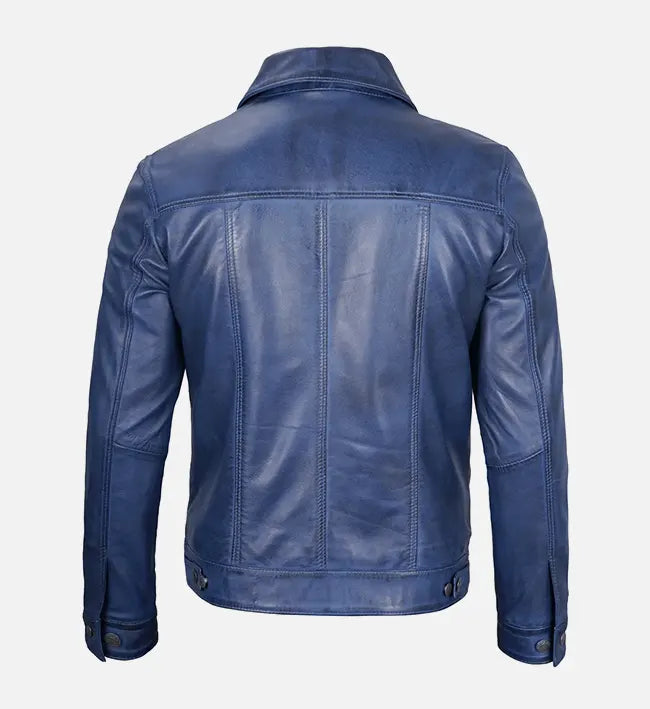 Leathees Mens Blue Leather Trucker Jacket