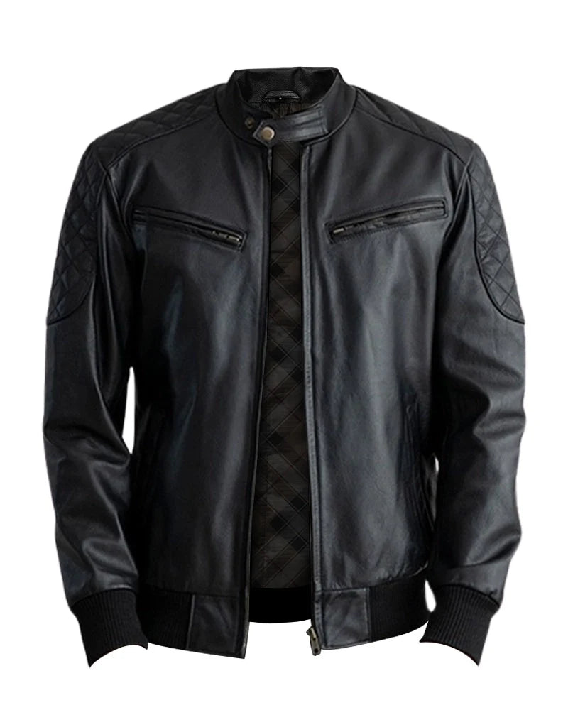 Leathees Mens Casual Black Real Leather Bomber Jacket