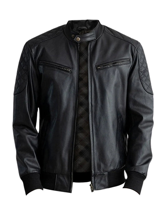 Leathees Mens Casual Black Real Leather Bomber Jacket