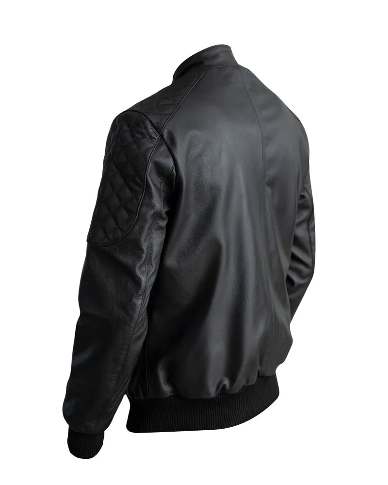 Leathees Mens Casual Black Real Leather Bomber Jacket