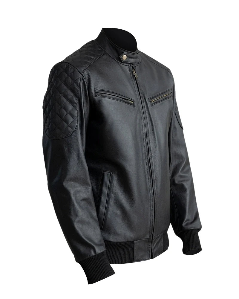 Leathees Mens Casual Black Real Leather Bomber Jacket