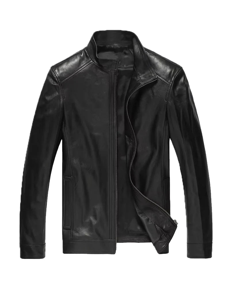 Leathees Mens Vintage Stand Collar Motorcycle Leather Jacket
