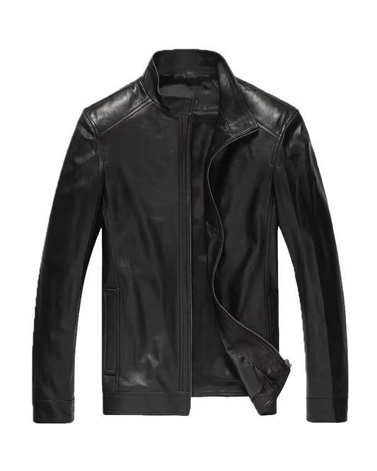 Leathees Mens Vintage Stand Collar Motorcycle Leather Jacket
