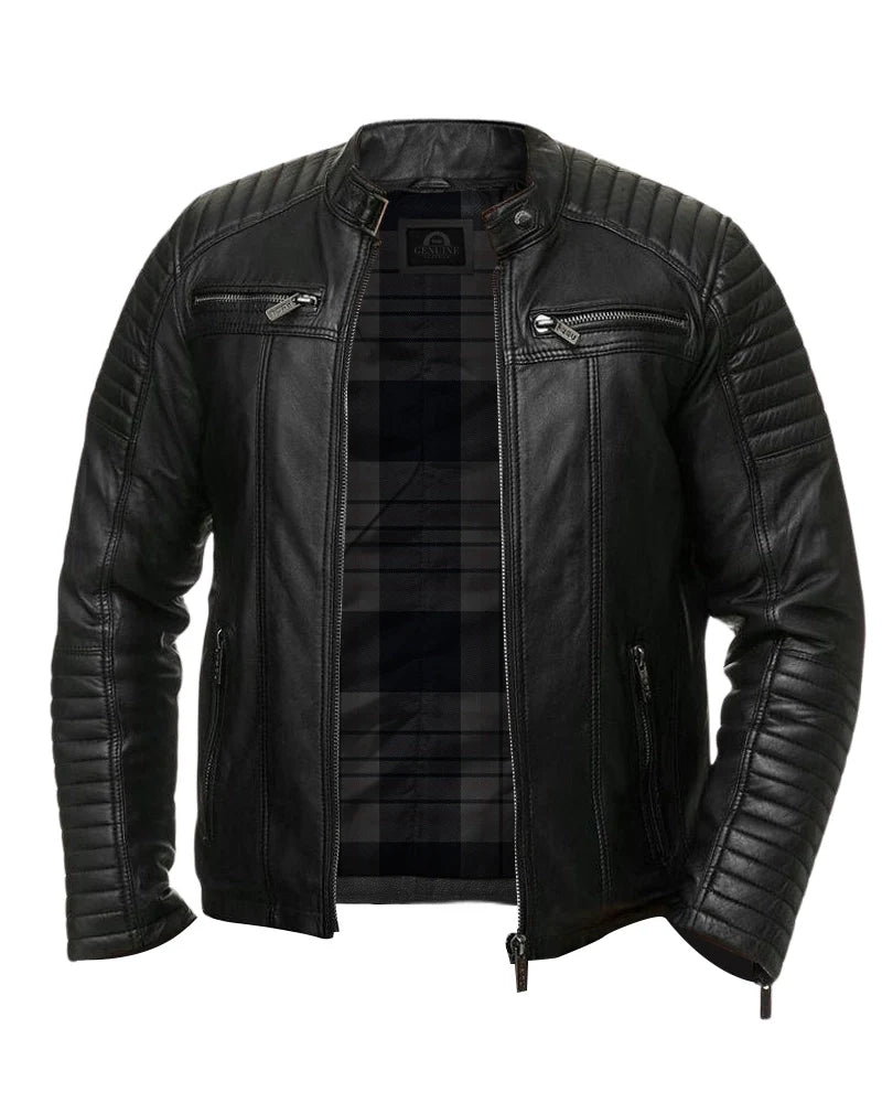 Leathees Mens Black Quilted Biker Leather Jacket