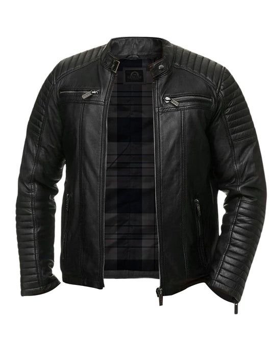 Leathees Mens Black Quilted Biker Leather Jacket