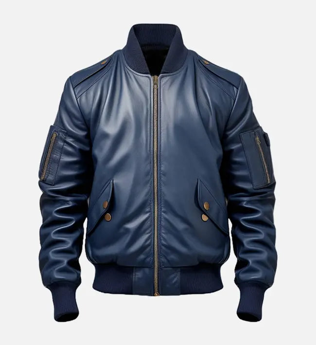 Leathees Mens Blue Flight Bomber Leather Jacket