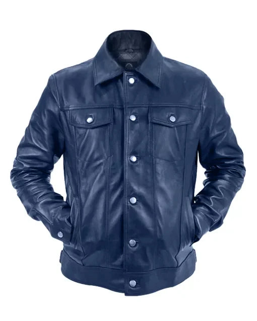 Leathees Mens Blue Genuine Leather Trucker Jacket