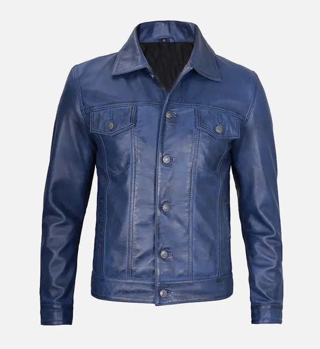 Leathees Mens Blue Leather Trucker Jacket