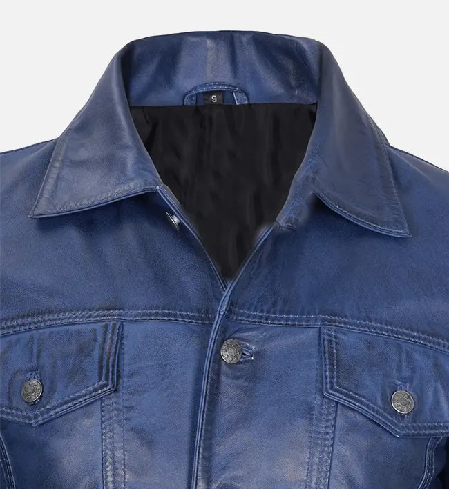 Leathees Mens Blue Leather Trucker Jacket
