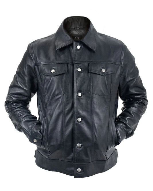 Leathees Mens Black Genuine Leather Trucker Jacket