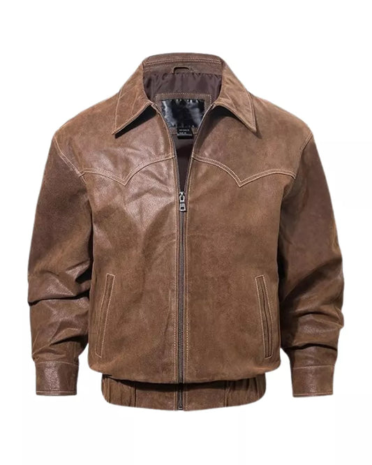 Leathees Mens Brown Real Leather Bomber Jacket