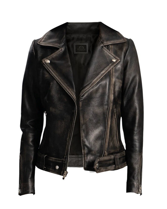 Leathees Rumy Distressed Brown Leather Biker Jacket for Women