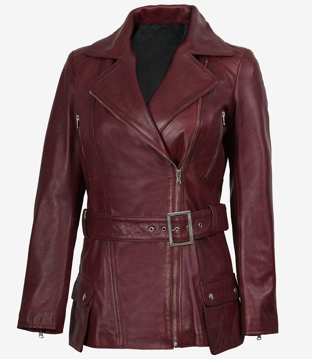 Leathees Maroon Asymmetrical Belted Biker Leather Jacket for Women