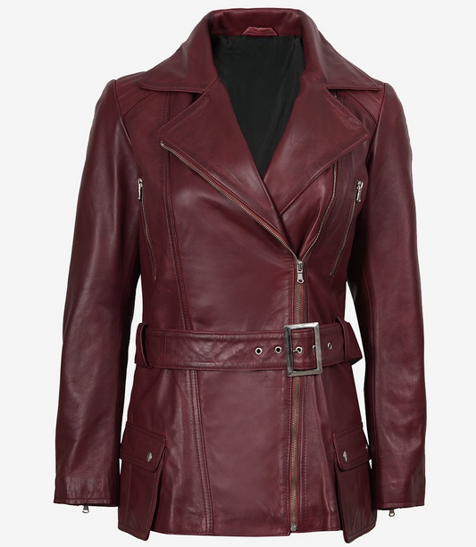 Leathees Maroon Asymmetrical Belted Biker Leather Jacket for Women