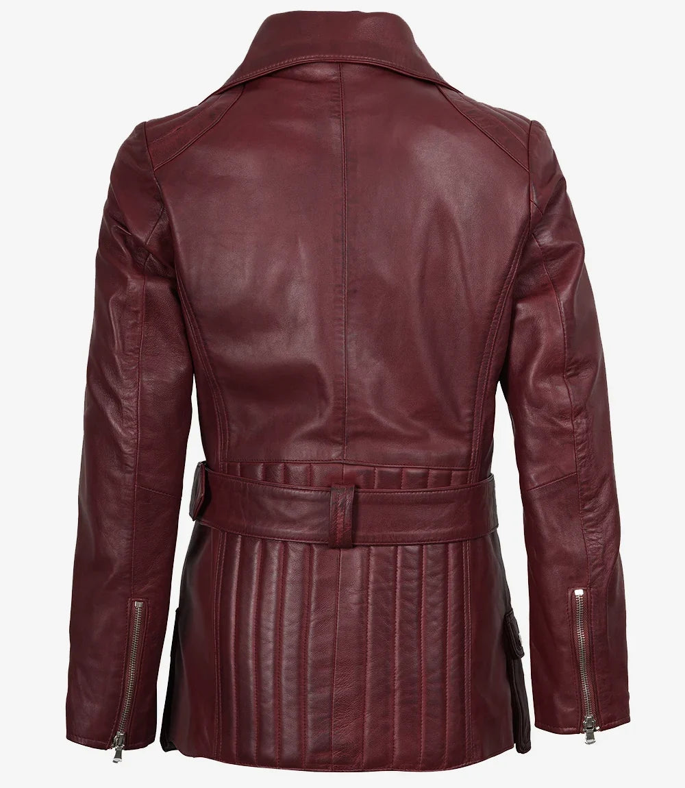 Leathees Maroon Asymmetrical Belted Biker Leather Jacket for Women
