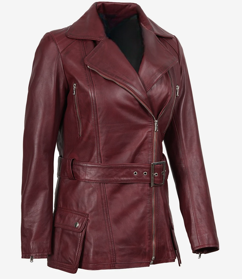 Leathees Maroon Asymmetrical Belted Biker Leather Jacket for Women