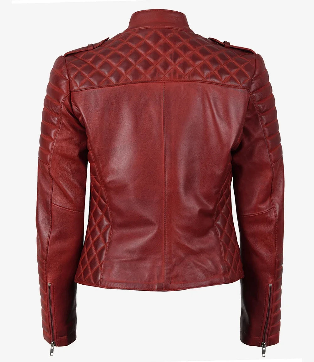 Leathees Red Asymmetrical Padded Leather Biker Jacket for Women