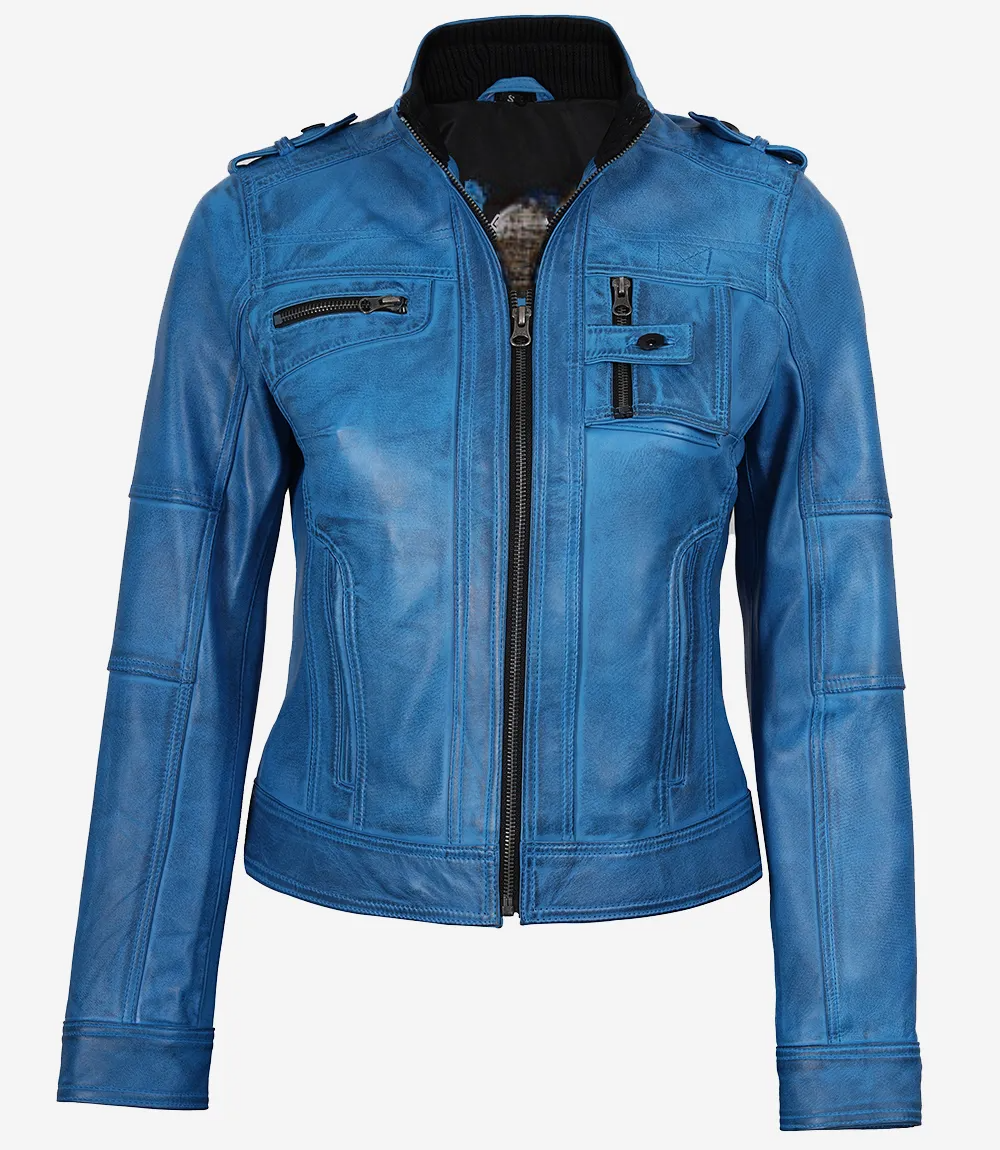 Leathees Blue Waxed Lambskin Leather Biker Jacket for Women