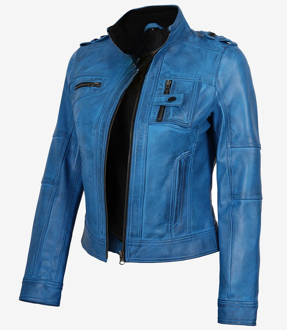 Leathees Blue Waxed Lambskin Leather Biker Jacket for Women