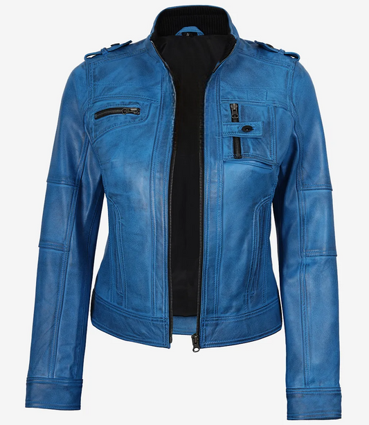 Leathees Blue Waxed Lambskin Leather Biker Jacket for Women