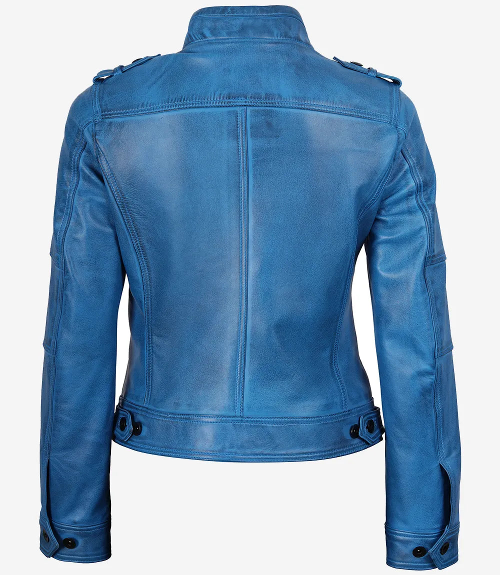 Leathees Blue Waxed Lambskin Leather Biker Jacket for Women