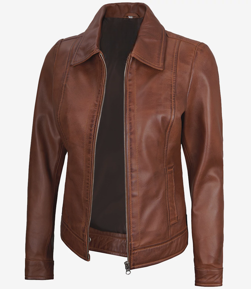 Leathees Women Harrington Lightweight Brown Leather Jacket