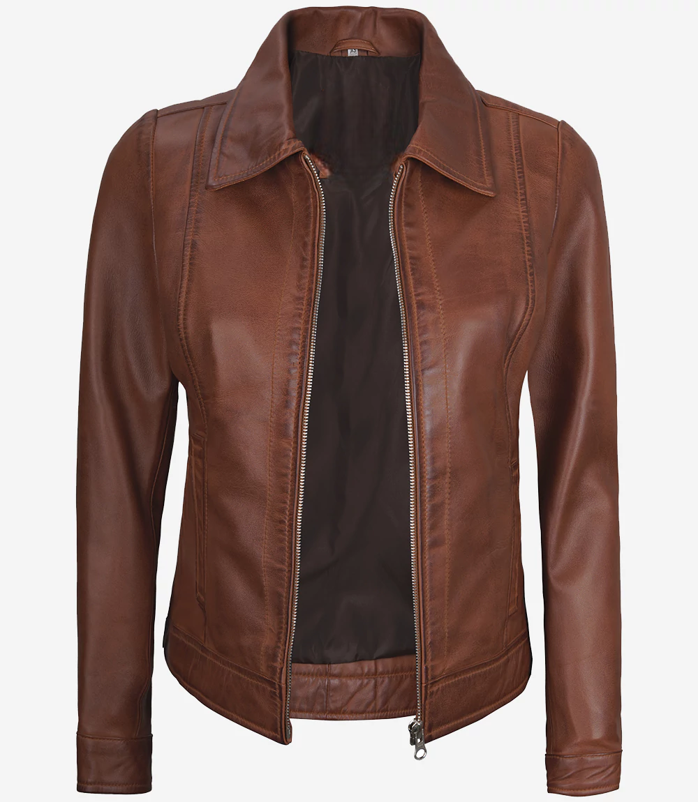 Leathees Women Harrington Lightweight Brown Leather Jacket