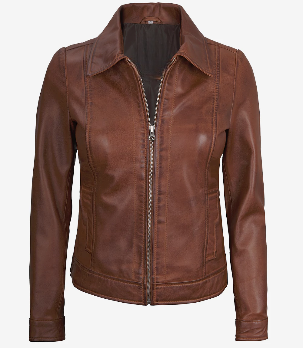 Leathees Women Harrington Lightweight Brown Leather Jacket