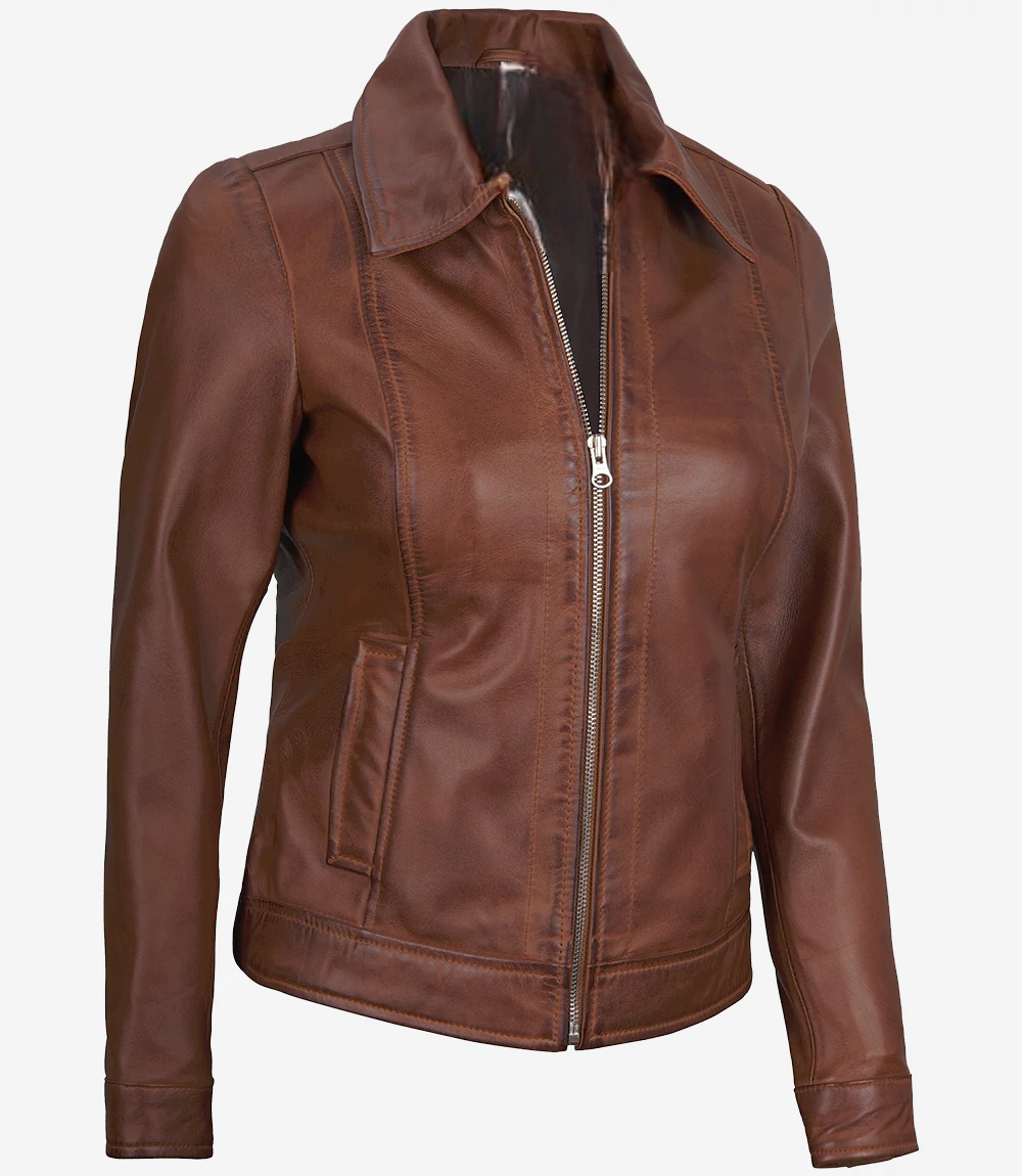 Leathees Women Harrington Lightweight Brown Leather Jacket