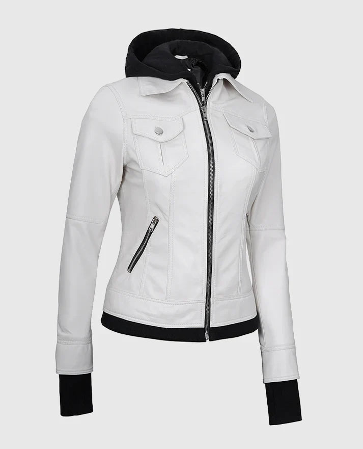 Leathees Women White Leather Jacket with Removable Hood