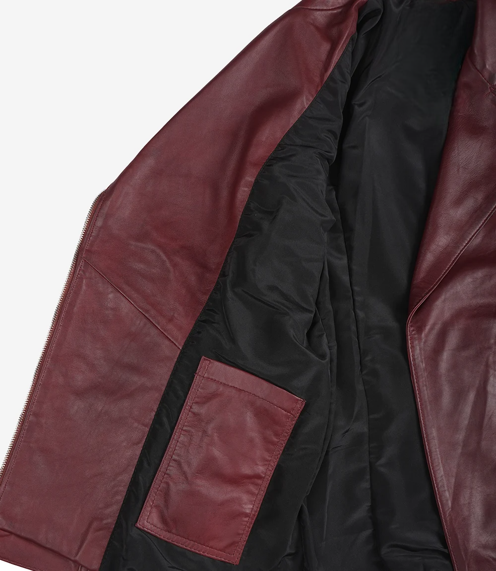 Leathees Maroon Asymmetrical Belted Biker Leather Jacket for Women