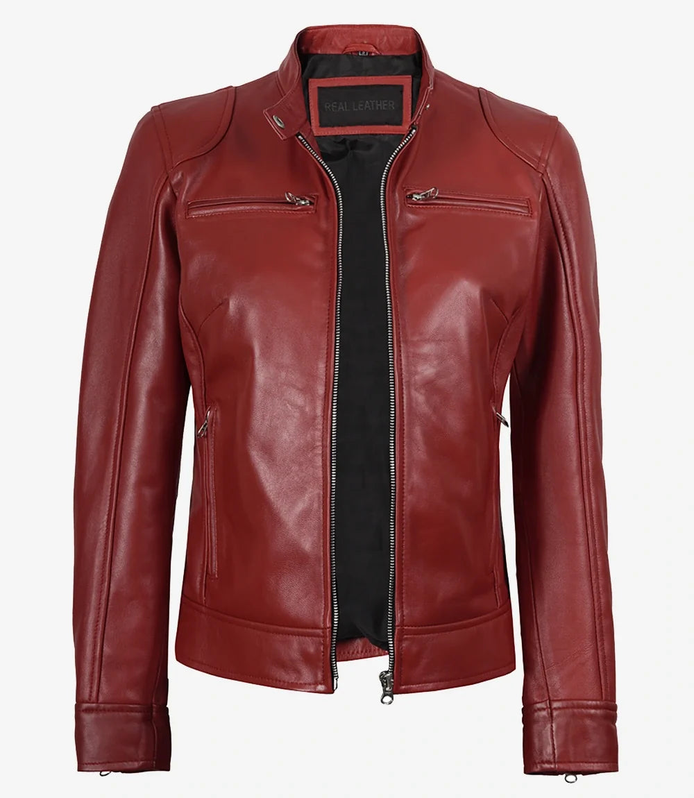 Leathees Red Real Leather Biker Jacket for Women