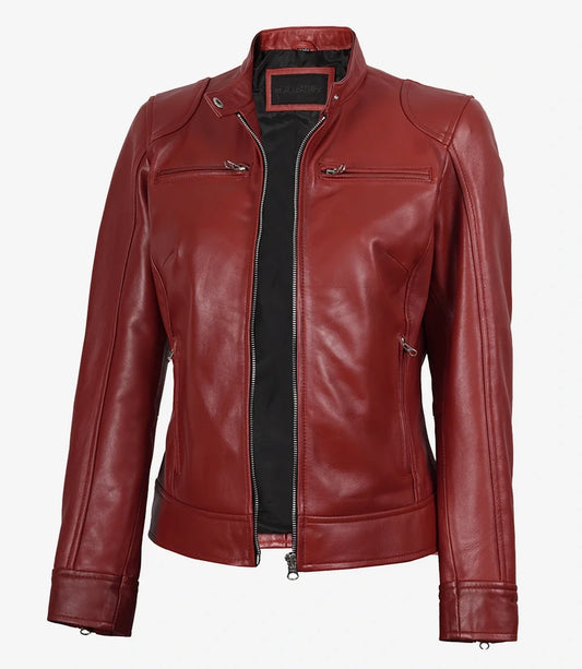 Leathees Red Real Leather Biker Jacket for Women