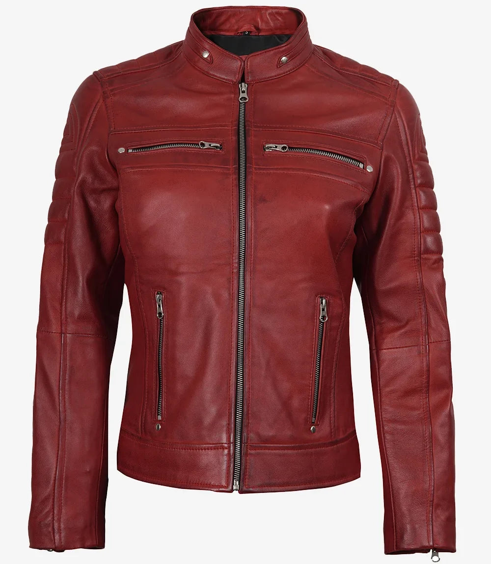 Leathees Red Waxed Real Leather Biker Jacket for Women