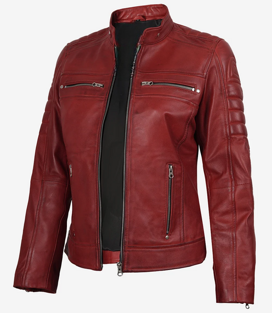 Leathees Red Waxed Real Leather Biker Jacket for Women