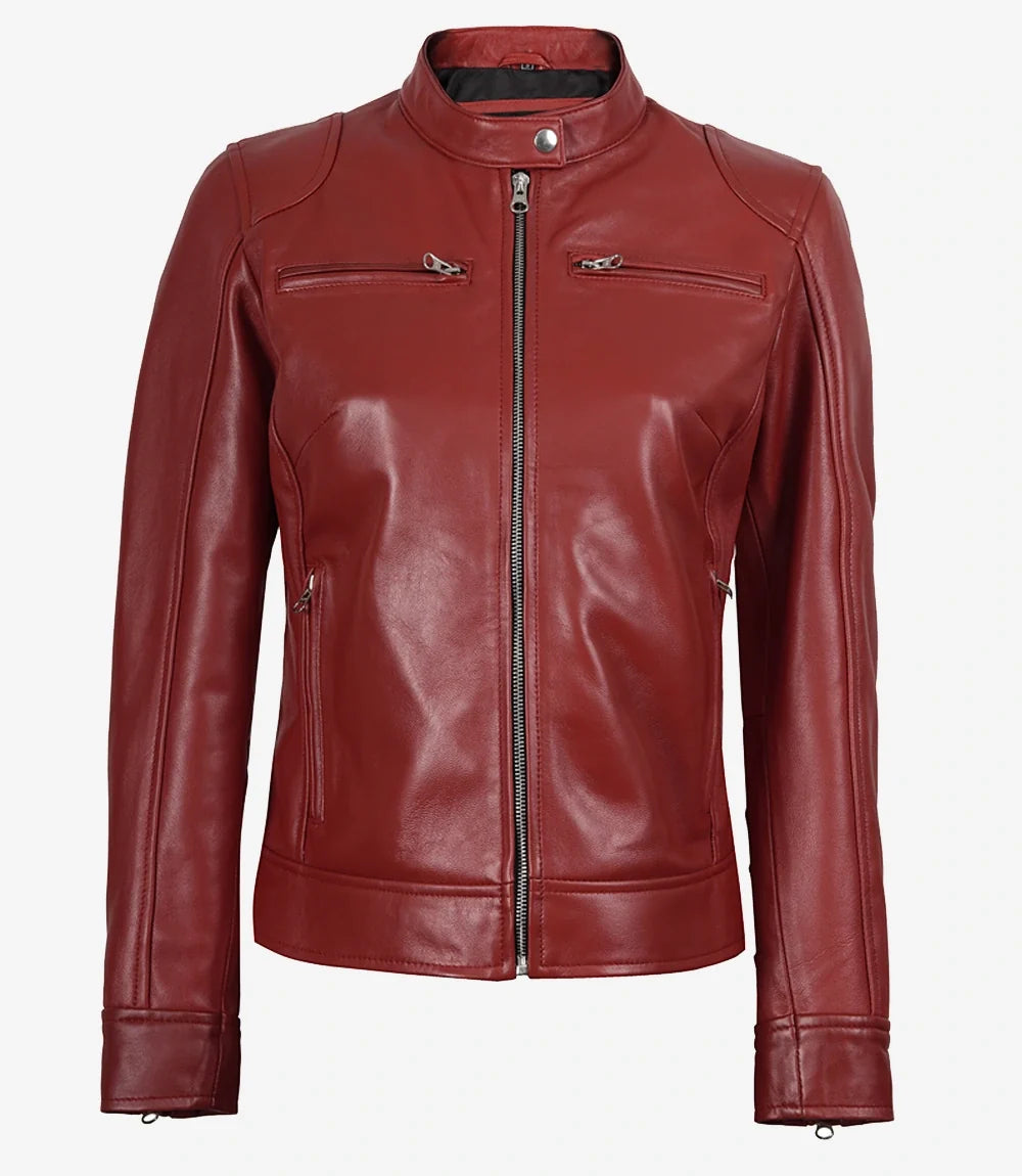 Leathees Red Real Leather Biker Jacket for Women