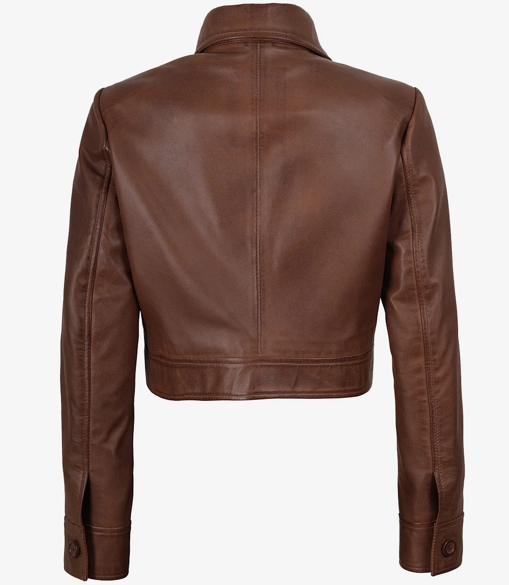 Leathees Cropped Brown Real Leather Trucker Jacket for Women