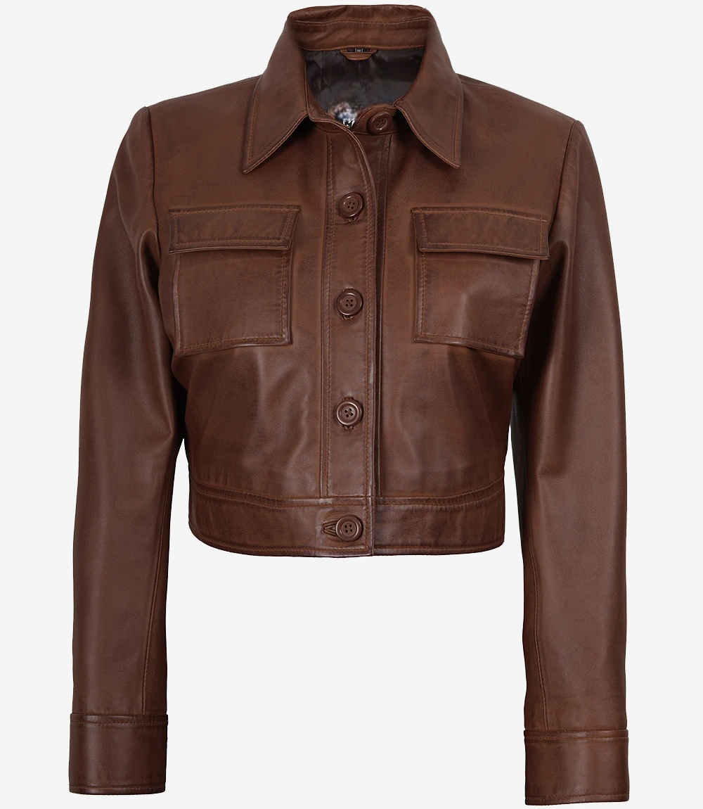 Leathees Cropped Brown Real Leather Trucker Jacket for Women
