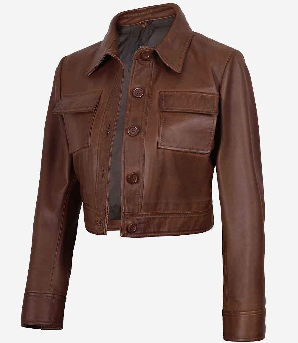 Leathees Cropped Brown Real Leather Trucker Jacket for Women