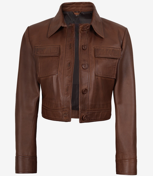 Leathees Cropped Brown Real Leather Trucker Jacket for Women