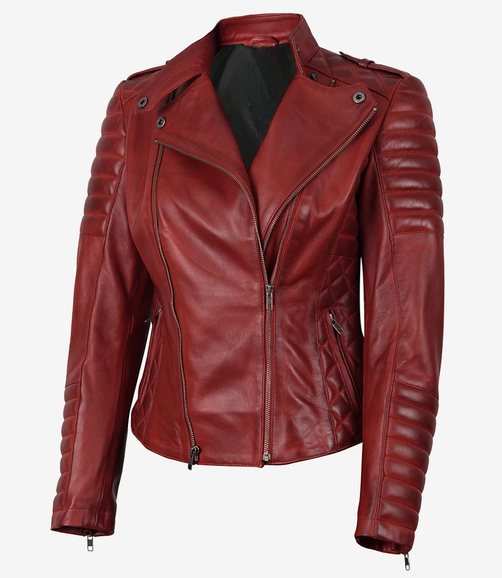 Leathees Red Asymmetrical Padded Leather Biker Jacket for Women