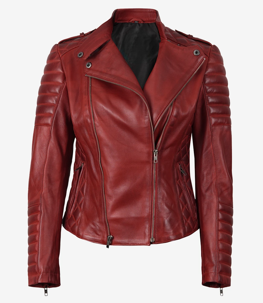 Leathees Red Asymmetrical Padded Leather Biker Jacket for Women