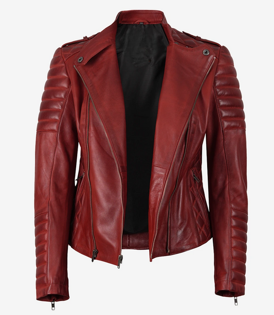 Leathees Red Asymmetrical Padded Leather Biker Jacket for Women